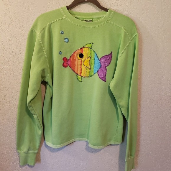 Comfort Colors Tops - Women's Lime Green Colorful Fish Embroidered Sweatshirt Sz Small